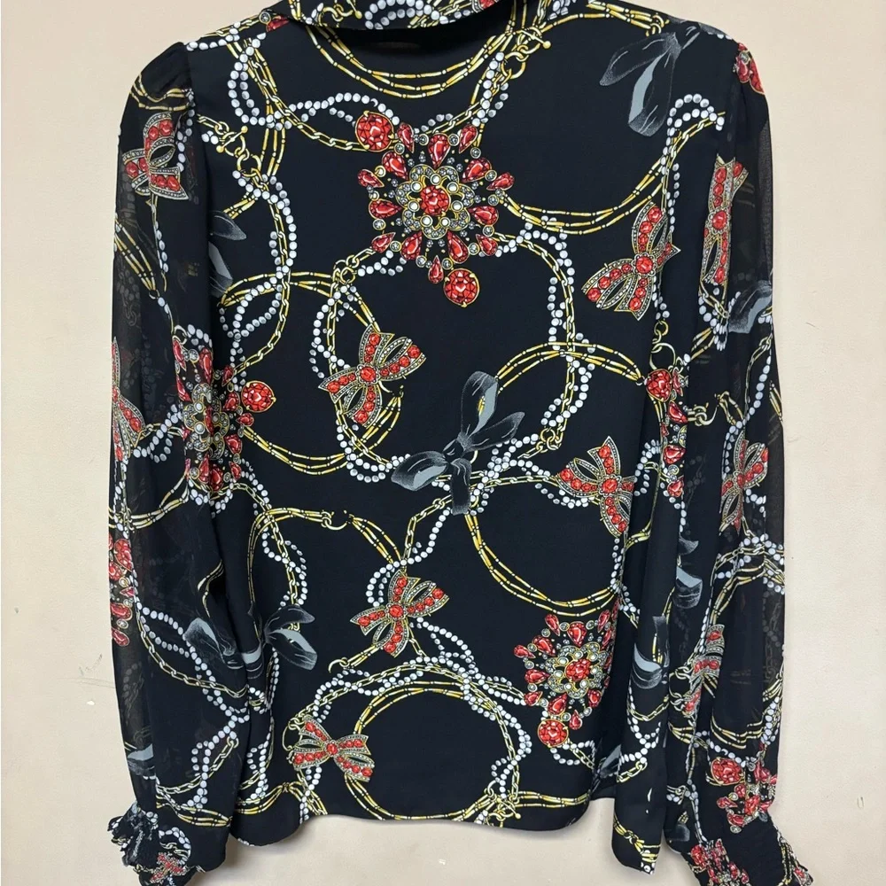 White House Black Market Black Sheer Blouse with Red Floral & Gold Chain Print - Picture 4 of 4